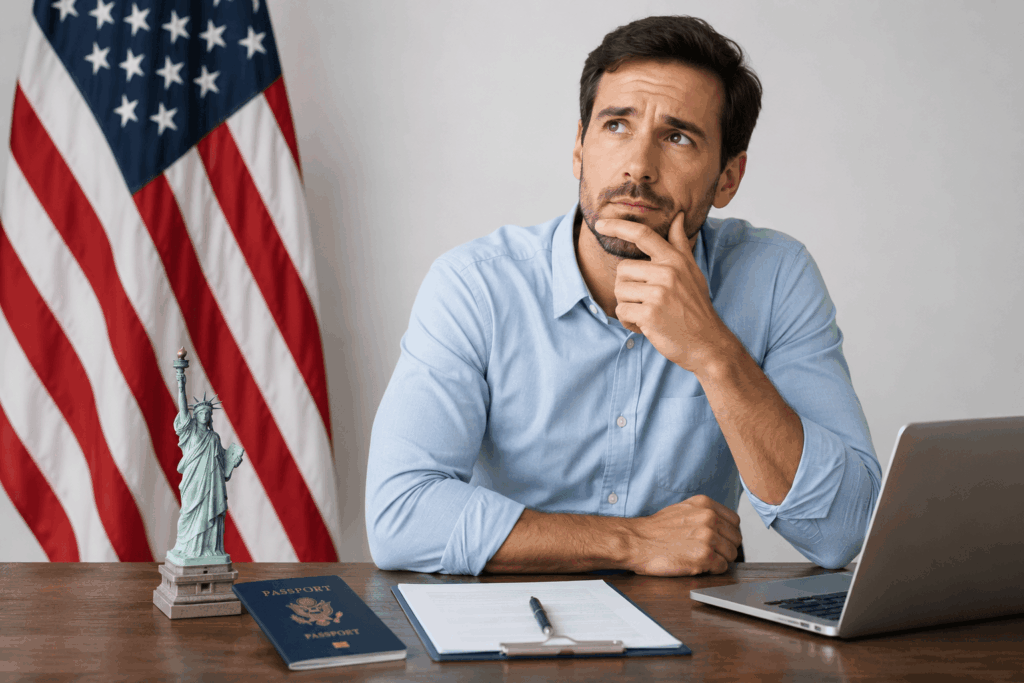 Hombre pensando sobre la visa E-2