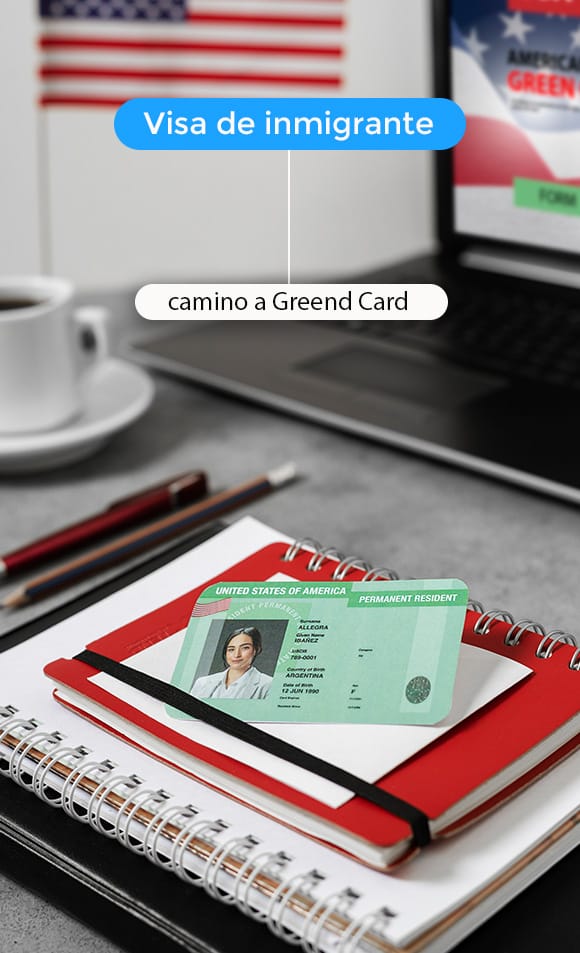 Ilustración de una Green Card y una bandera de Estados Unidos: visa de inmigrante